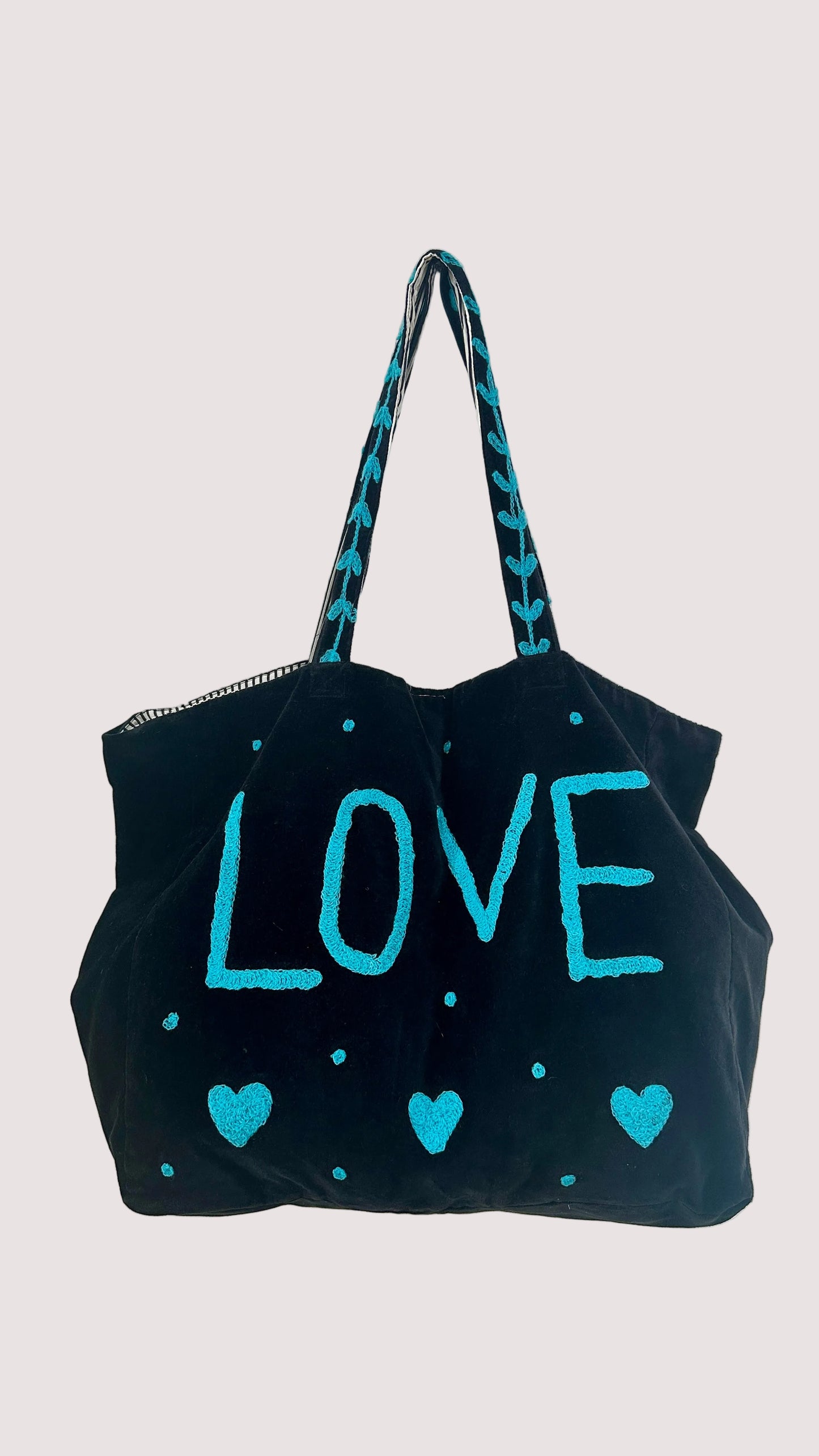 Tote bag velours Love - Noir/bleu