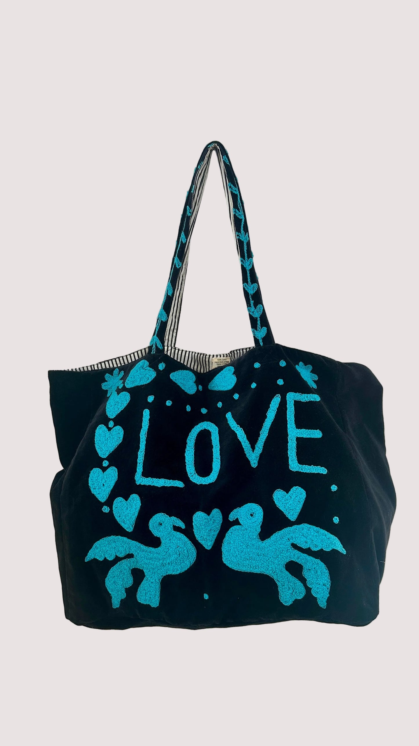 Tote bag velours Love - Noir/bleu