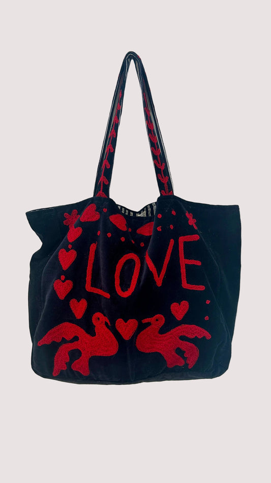 Tote bag velours Love - Noir/rouge